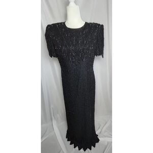 Lawrence Kazar Formal Dress Women's Size XL Hand Beaded  Black Silk Vintage